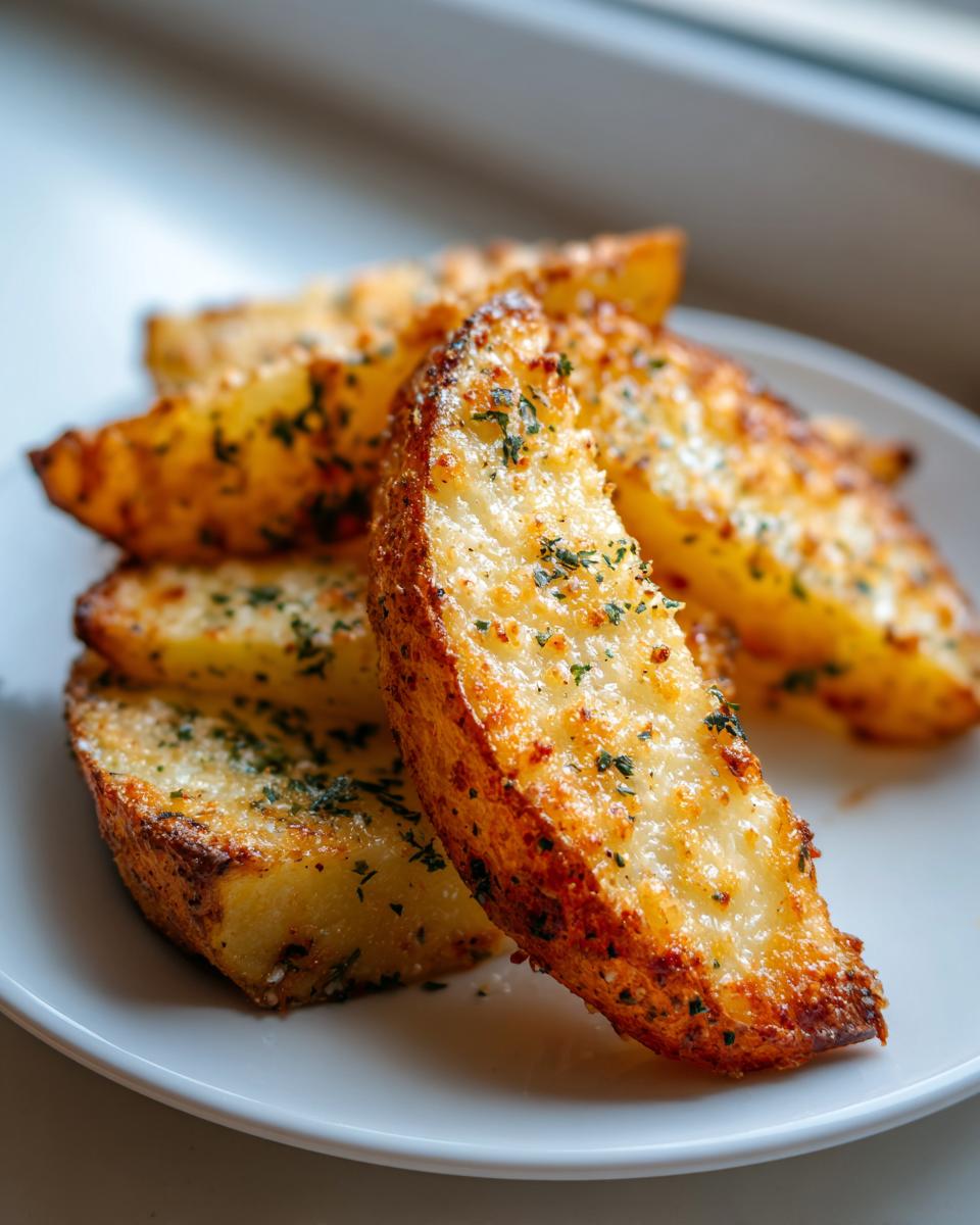Golden brown baked garlic parmesan potato wedges sprinkled with parsley on a white plate.
