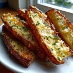 Close-up of crispy, golden baked garlic parmesan potato wedges topped with melted cheese and fresh parsley.
