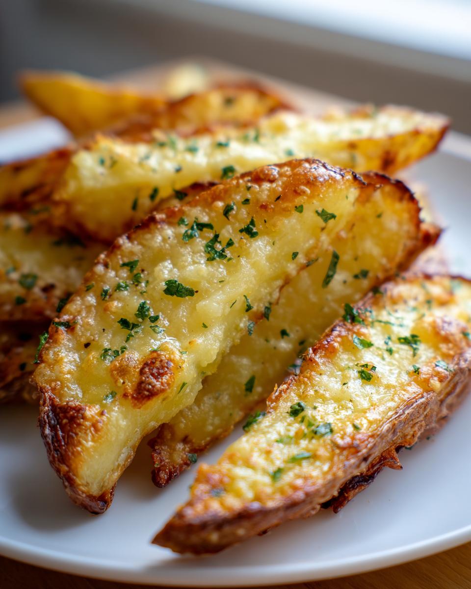 Close-up of crispy, golden baked garlic parmesan potato wedges topped with melted cheese and fresh parsley.