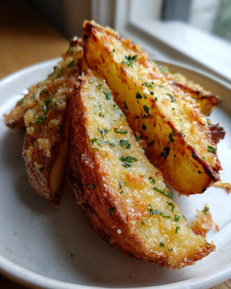Close-up of crispy, golden baked garlic parmesan potato wedges sprinkled with fresh parsley on a white plate.