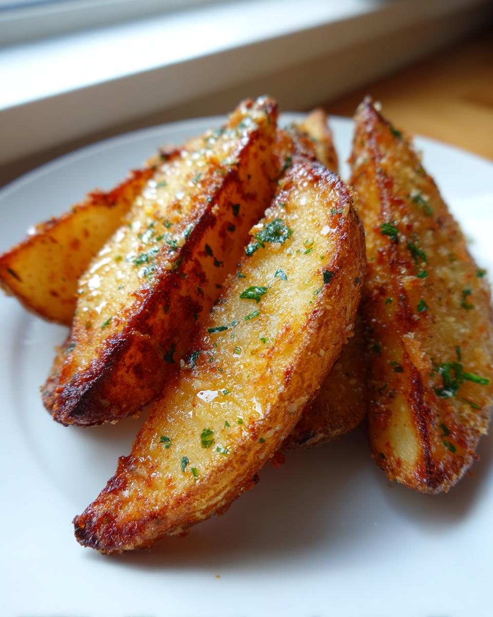 Close-up of crispy, golden baked garlic parmesan potato wedges sprinkled with fresh parsley on a white plate.