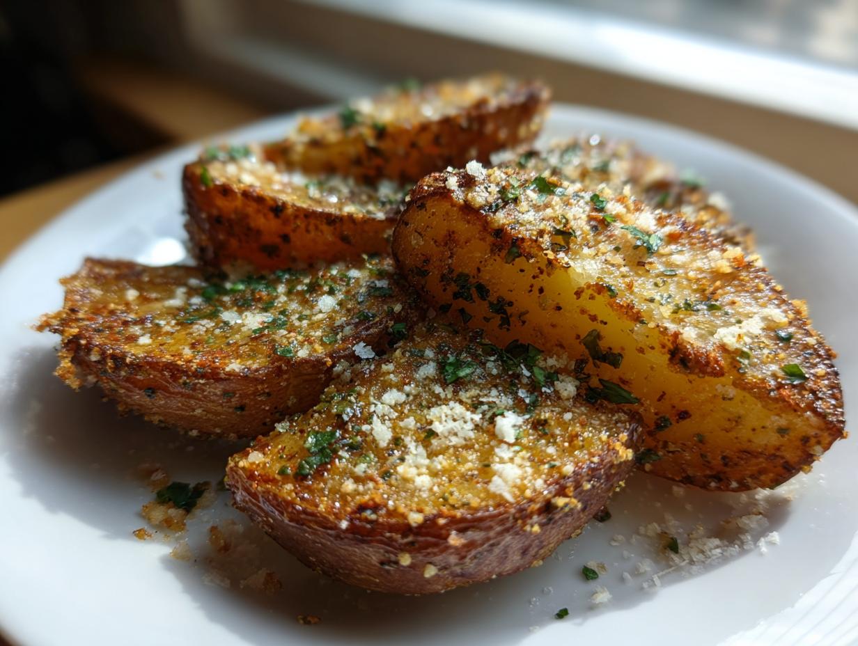 Close-up of four golden, crispy baked garlic parmesan potato wedges topped with grated cheese and parsley.