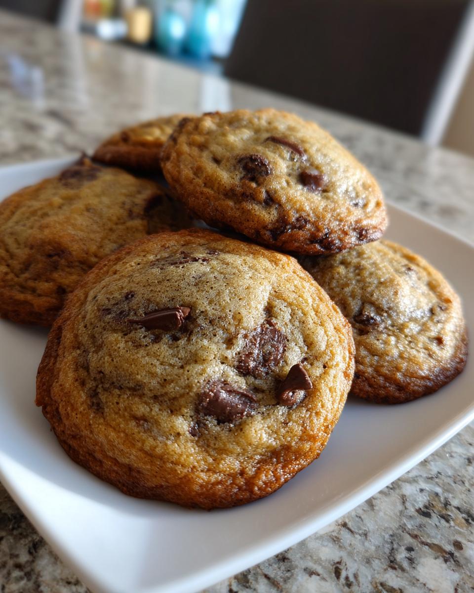 A stack of five golden brown banana bread cookies loaded with chocolate chips, resting on a white square plate.