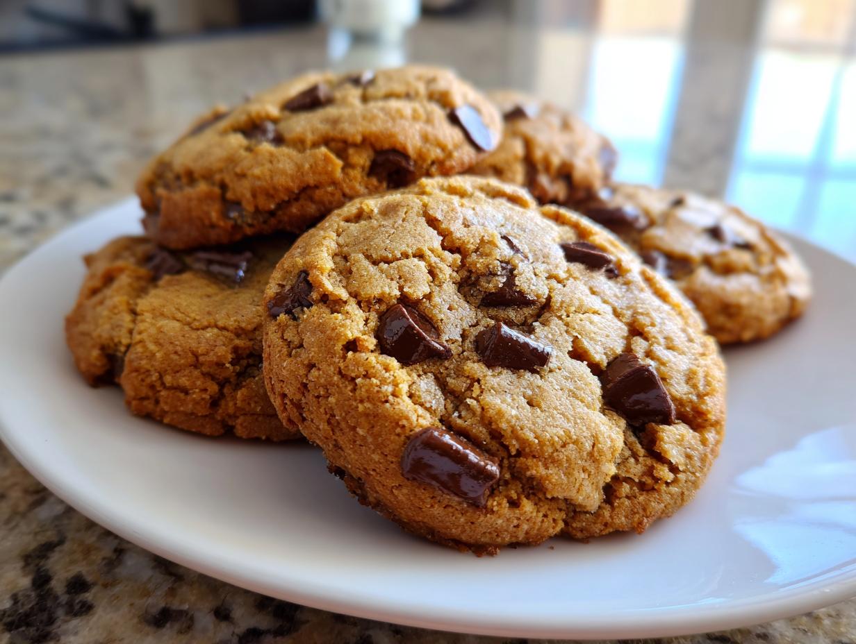 Close-up of several soft, chewy banana bread cookies loaded with chocolate chunks, stacked on a white plate.