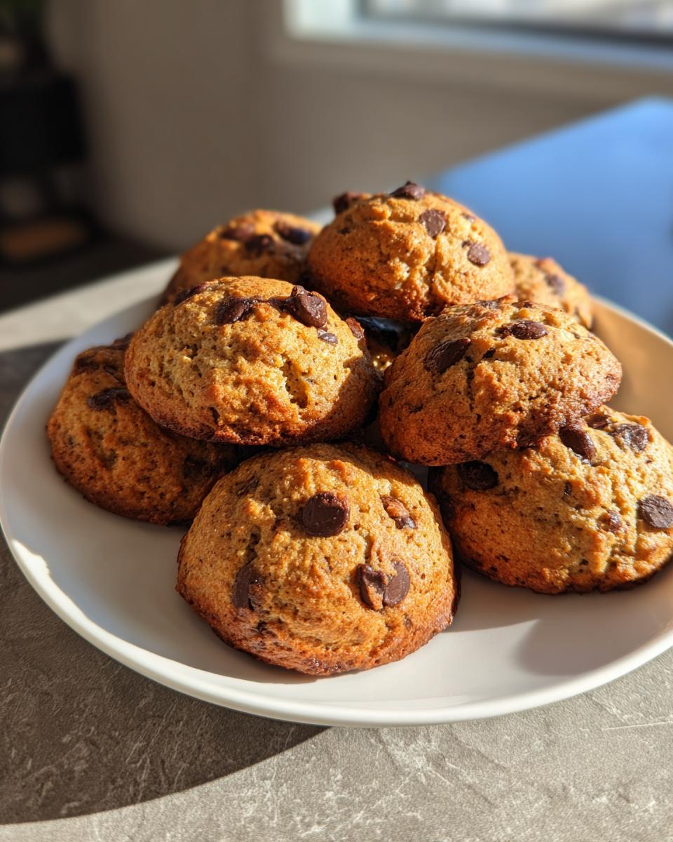 A stack of freshly baked banana bread cookies loaded with chocolate chips resting on a white plate.