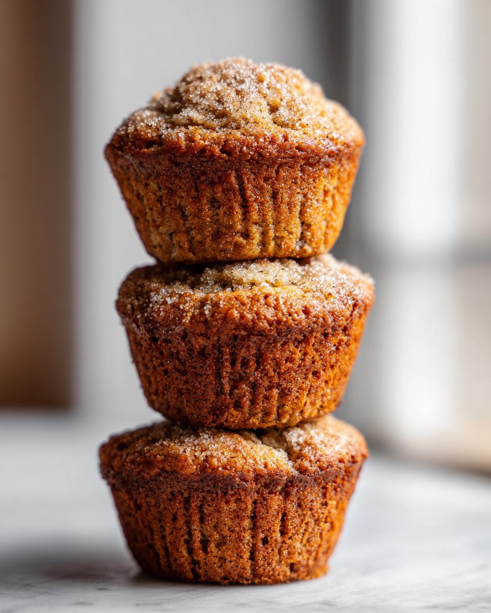 A vertical stack of three golden brown banana oatmeal muffins topped with coarse sugar.