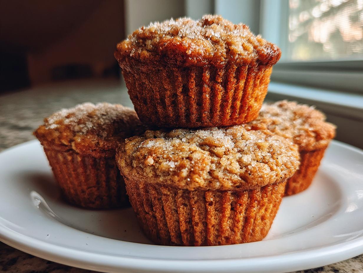A stack of four golden brown banana oatmeal muffins topped with coarse sugar crystals, resting on a white plate.