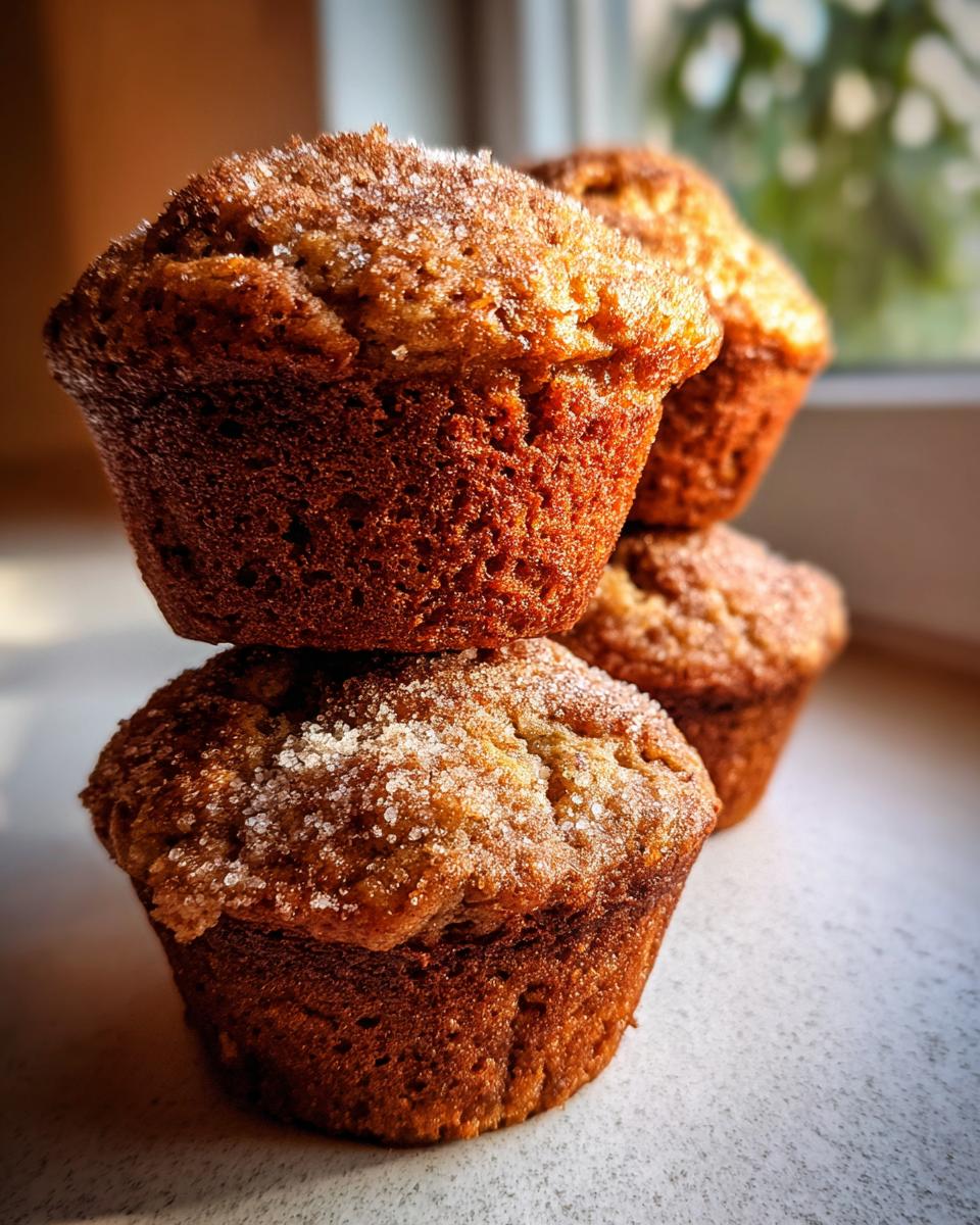 A stack of three golden brown banana oatmeal muffins topped with sparkling sugar crystals, photographed in natural light.