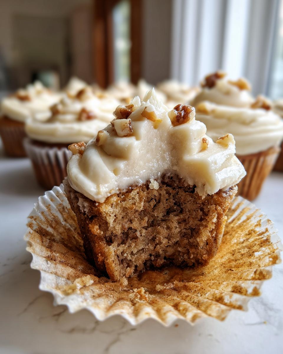 A bitten banana walnut cupcake showing the moist interior, topped with cream cheese frosting and chopped walnuts.