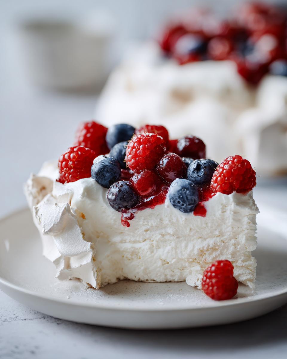 Close-up of a slice of berry pavlova showing the crisp meringue base, thick whipped cream, and fresh raspberries and blueberries on top.