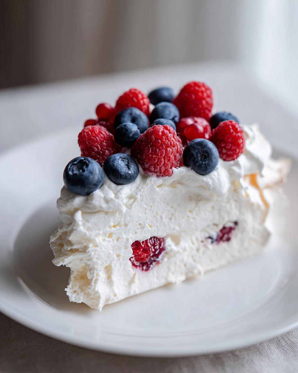A perfect slice of berry pavlova featuring meringue, thick whipped cream, raspberries, and blueberries.