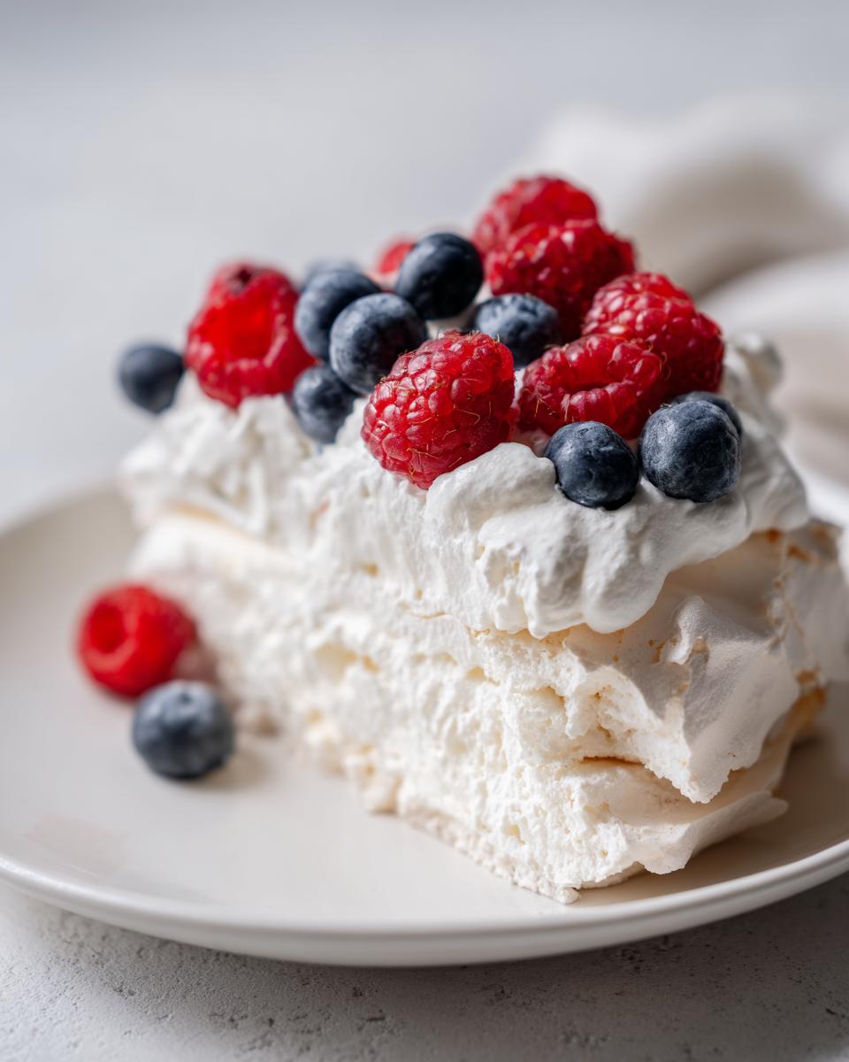 A close-up slice of berry pavlova featuring crisp meringue, whipped cream, and fresh raspberries and blueberries.