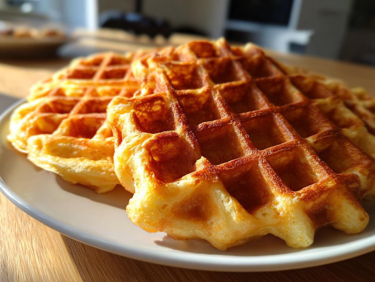 Close-up of golden brown, crispy Belgian waffles stacked on a white plate, highlighting their deep pockets.