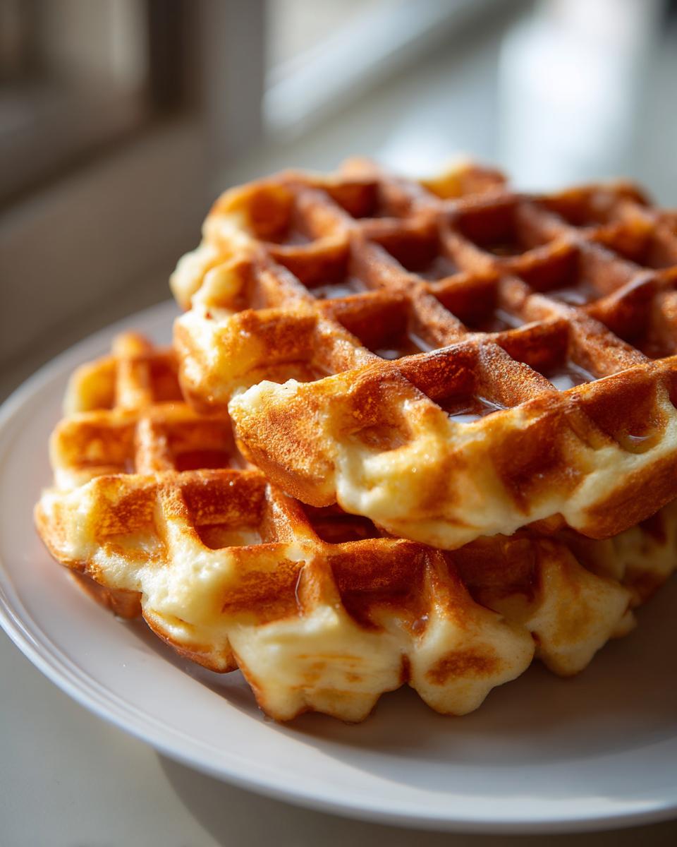 A close-up of a stack of golden brown, fluffy best belgian waffles drizzled with syrup on a white plate.
