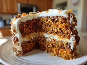 Close-up of a moist slice from the best carrot cake recipe, showing visible shredded carrots, nuts, and thick cream cheese frosting.