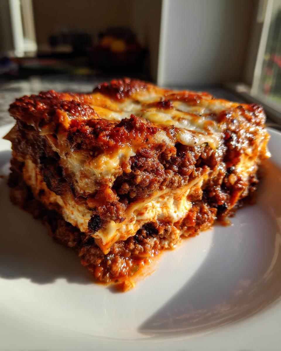 A rich, thick slice of lasagna showing layers of meat sauce and creamy ricotta cheese, part of the best lasagna recipe with ricotta.