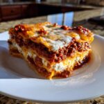 A thick, delicious slice of lasagna showing layers of meat sauce and creamy ricotta cheese.