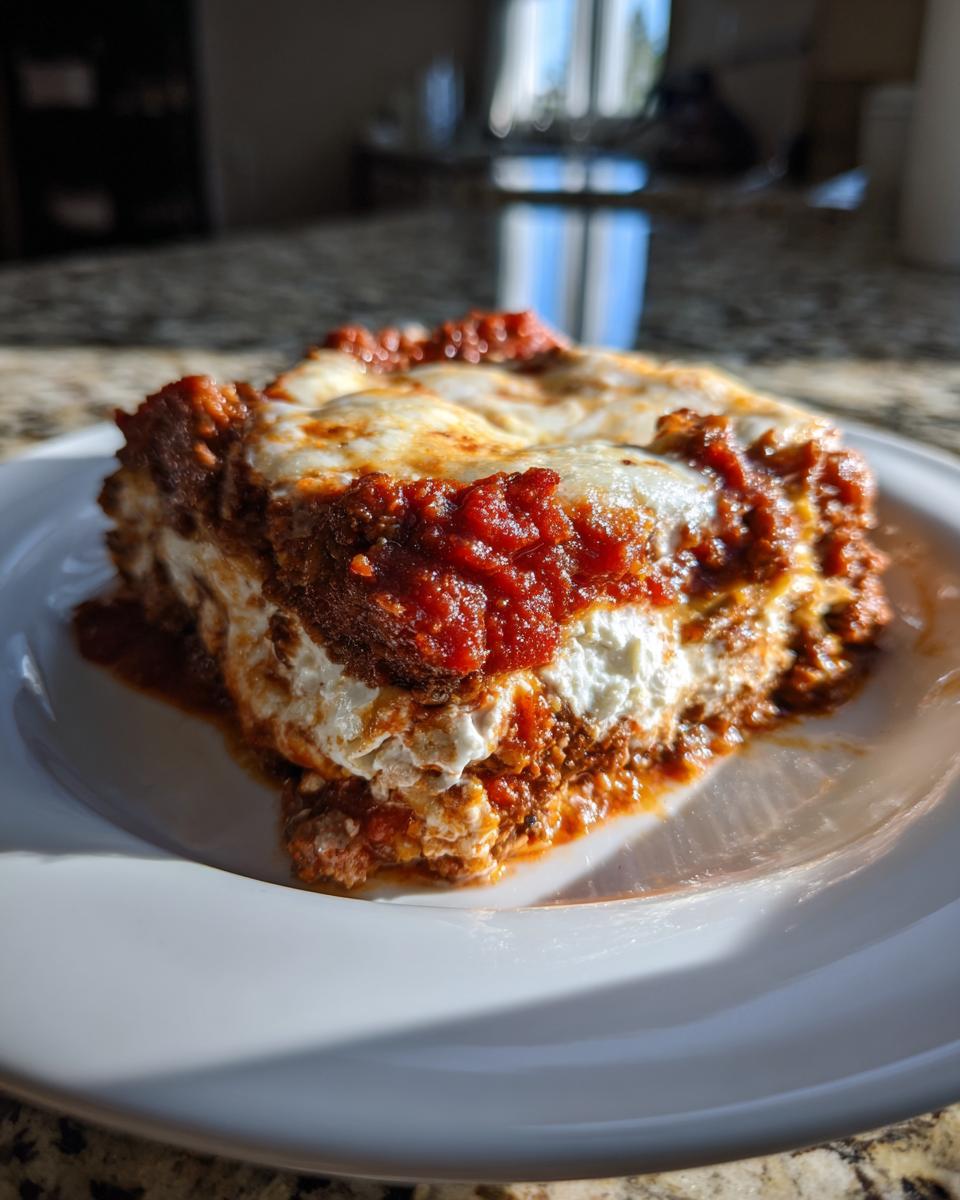 A close-up of a hearty slice of lasagna featuring layers of meat sauce, white ricotta cheese, and melted mozzarella topping, part of the best lasagna recipe with ricotta.