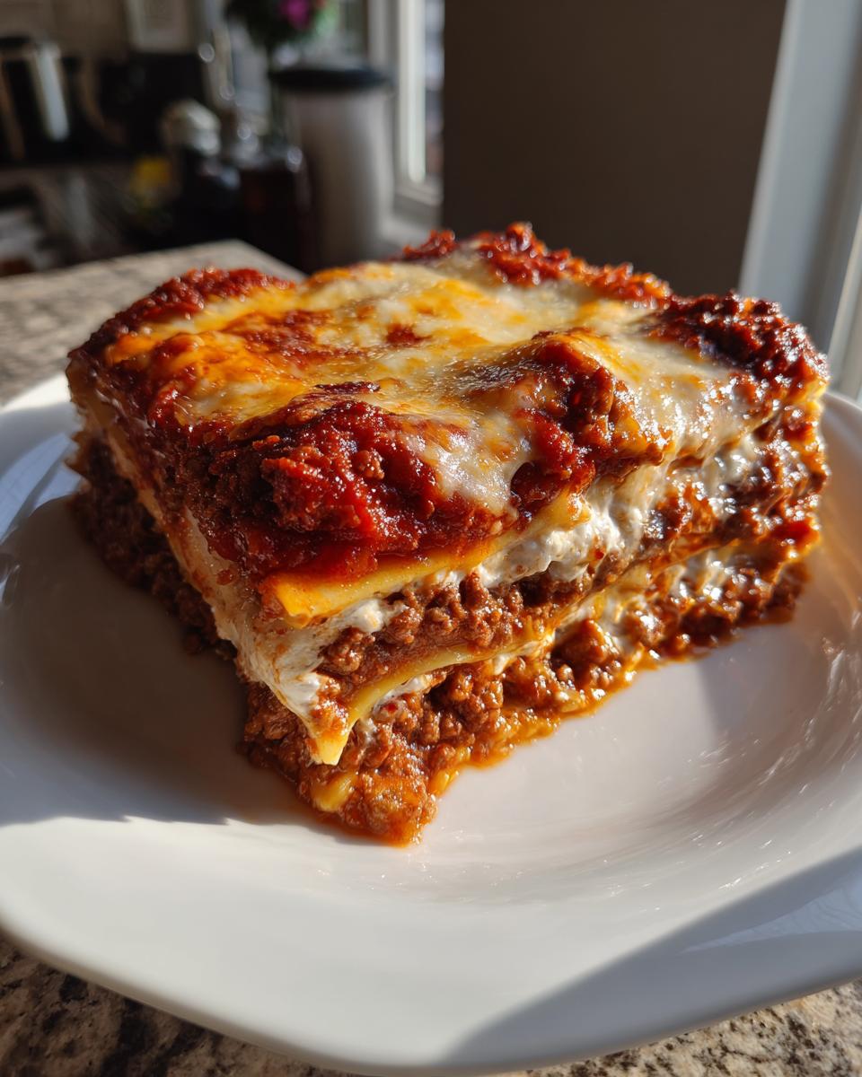 A perfectly layered slice of the best lasagna recipe with ricotta, featuring rich meat sauce and melted cheese topping.