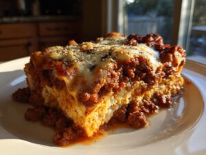 A thick, perfectly baked slice of the best lasagna recipe with ricotta, topped with melted cheese and herbs.