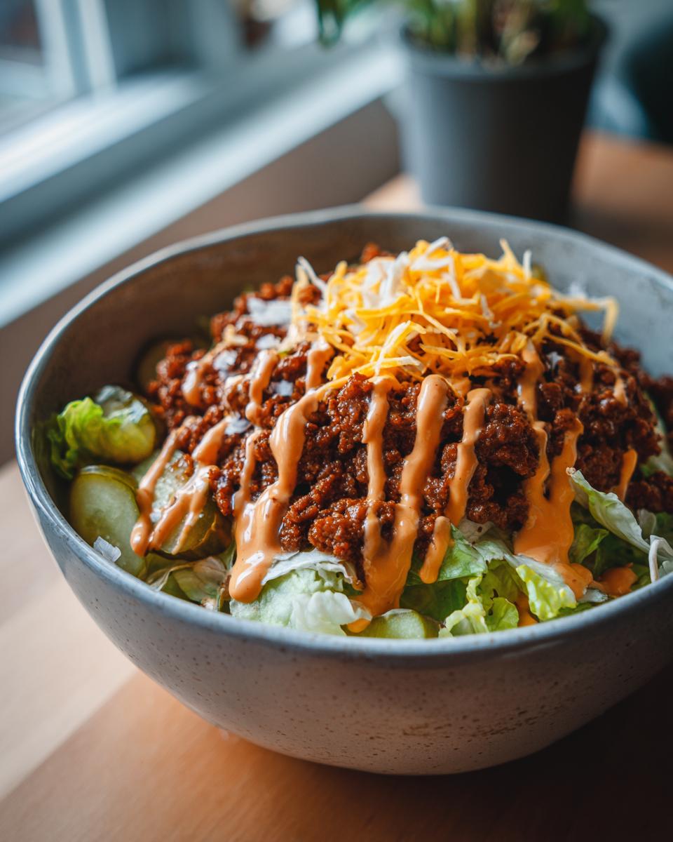 A close-up of a hearty big mac salad featuring seasoned ground beef, shredded cheese, pickles, and special sauce over lettuce.