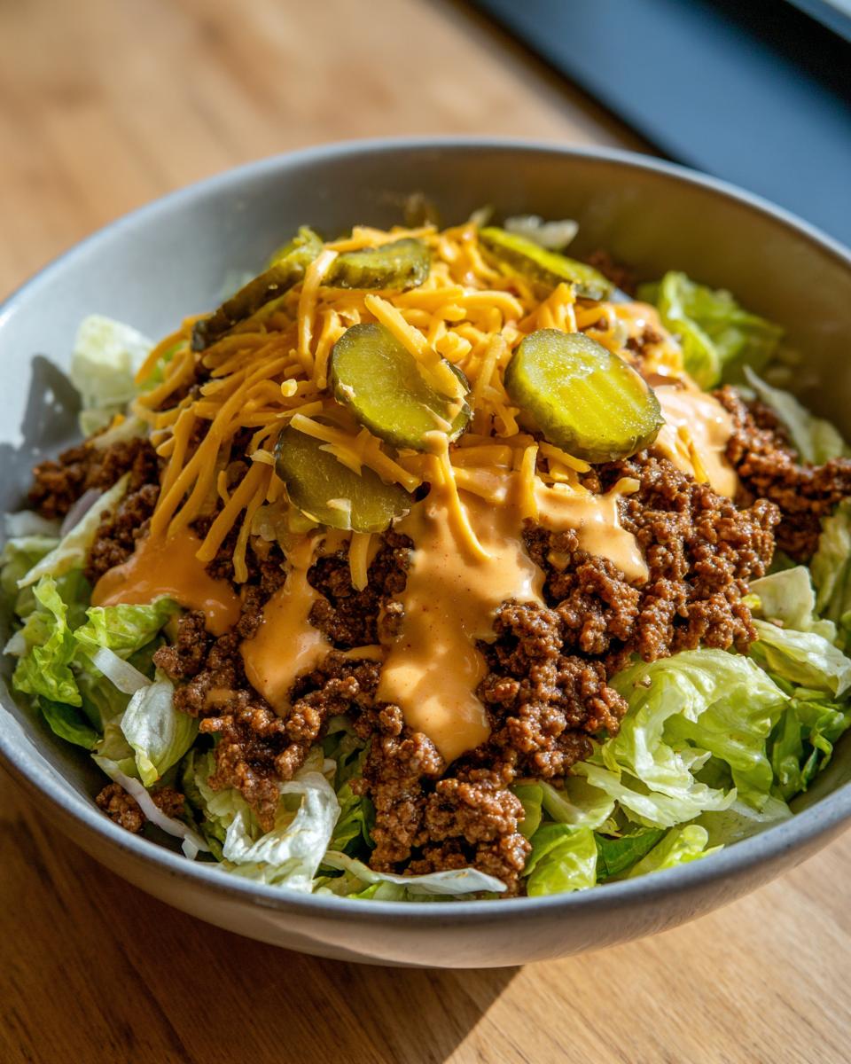 A close-up of a bowl containing an amazing big mac salad with lettuce, seasoned ground beef, cheese, pickles, and special sauce.