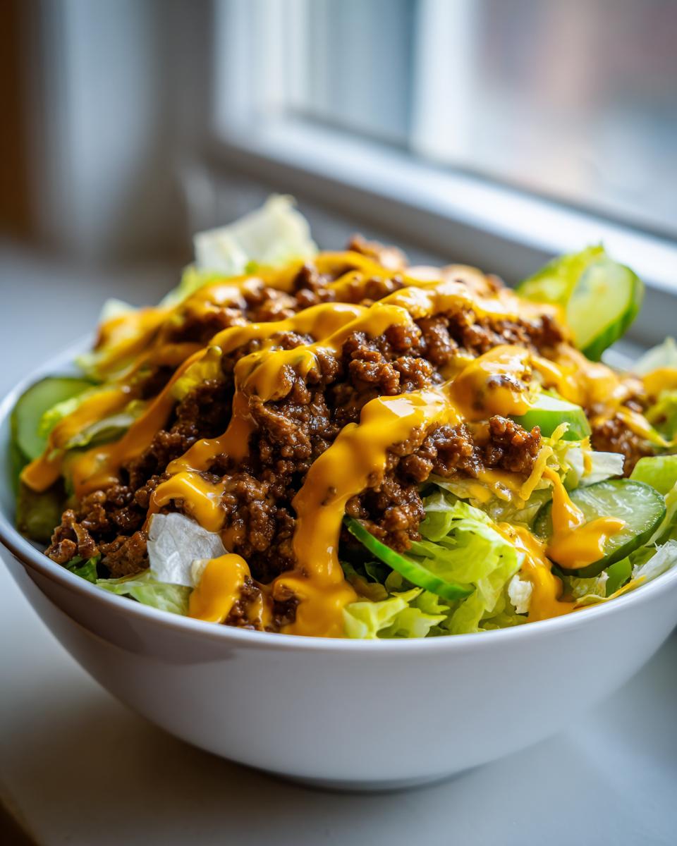 A close-up of a Big Mac Salad featuring chopped lettuce, seasoned ground beef, and a generous drizzle of orange cheese sauce.