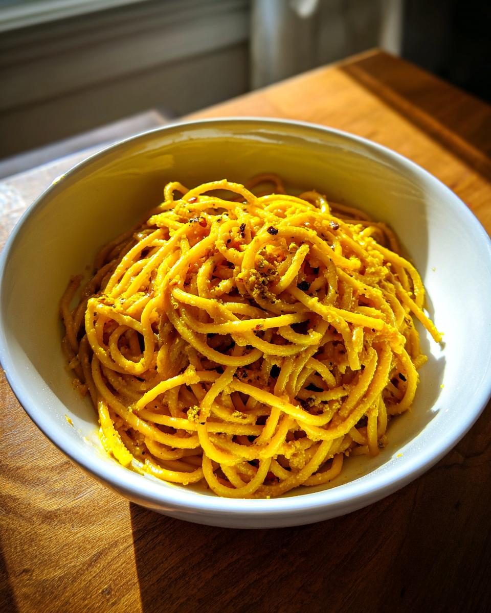 A white bowl filled with bright yellow black pepper turmeric cauliflower and garlic noodles, served on a wooden table.