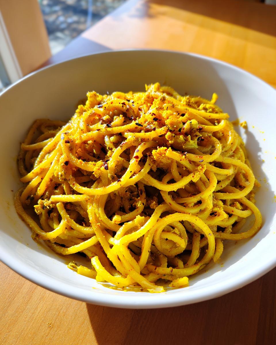 Close-up of bright yellow black pepper turmeric cauliflower and garlic noodles served in a white bowl.