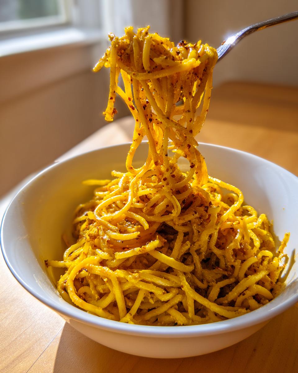A fork lifts a generous portion of bright yellow black pepper turmeric cauliflower and garlic noodles from a white bowl.