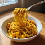 A fork lifts a tangle of yellow linguine noodles coated in spices from a white bowl of black pepper turmeric cauliflower and garlic noodles.