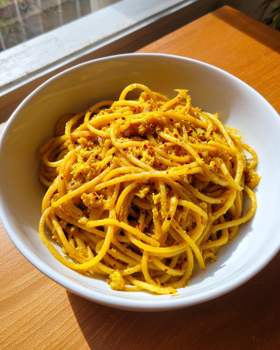 A white bowl filled with bright yellow black pepper turmeric cauliflower and garlic noodles, topped with chili flakes.