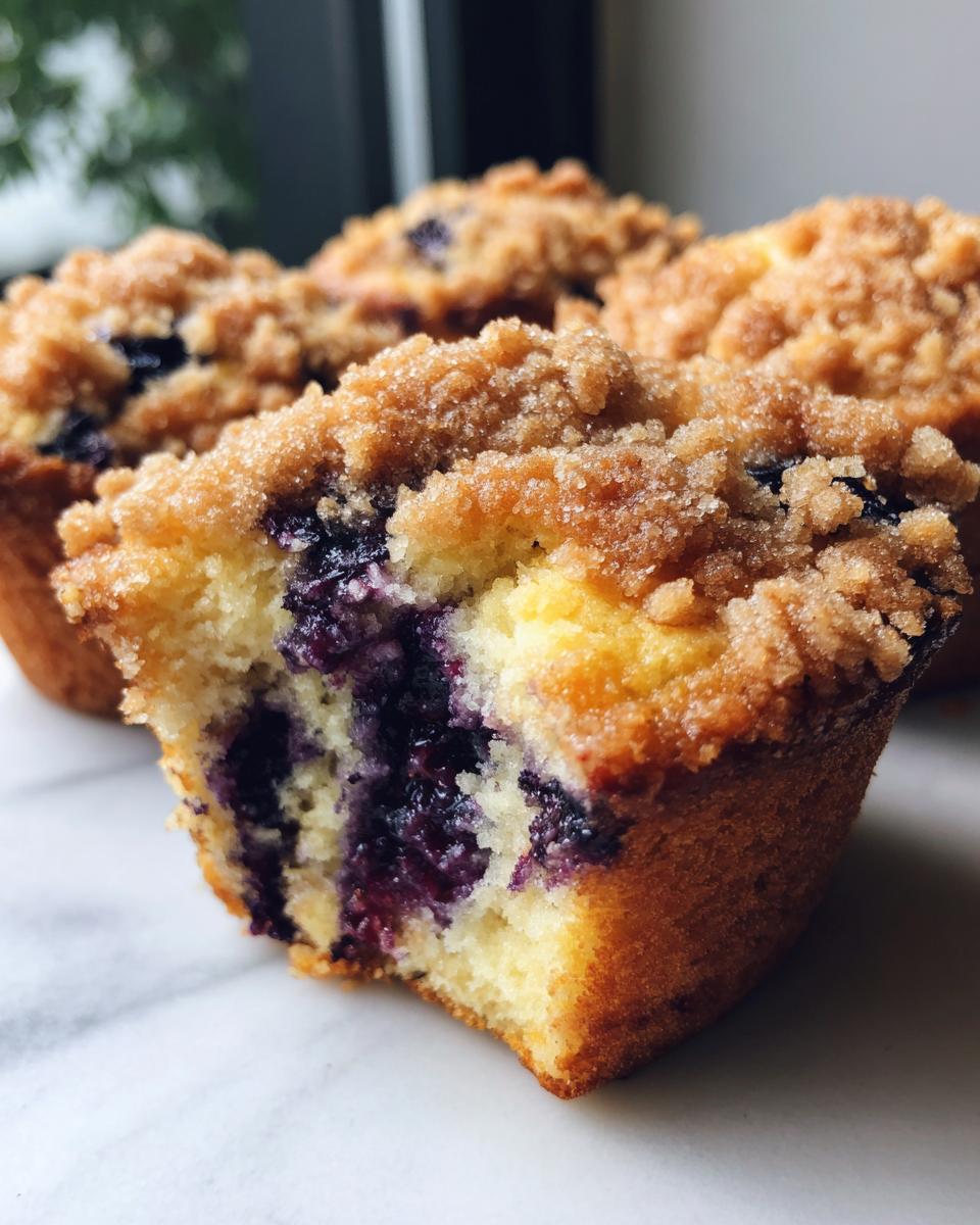 A close-up cross-section of a moist blueberry muffin with a thick, sugary crumble topping.
