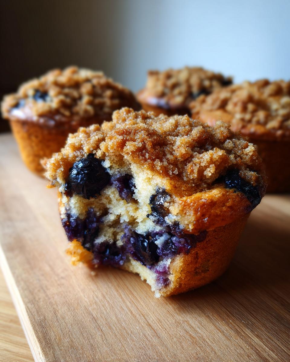 A close-up of a blueberry muffin with crumble topping, showing a bite taken out revealing juicy blueberries inside.