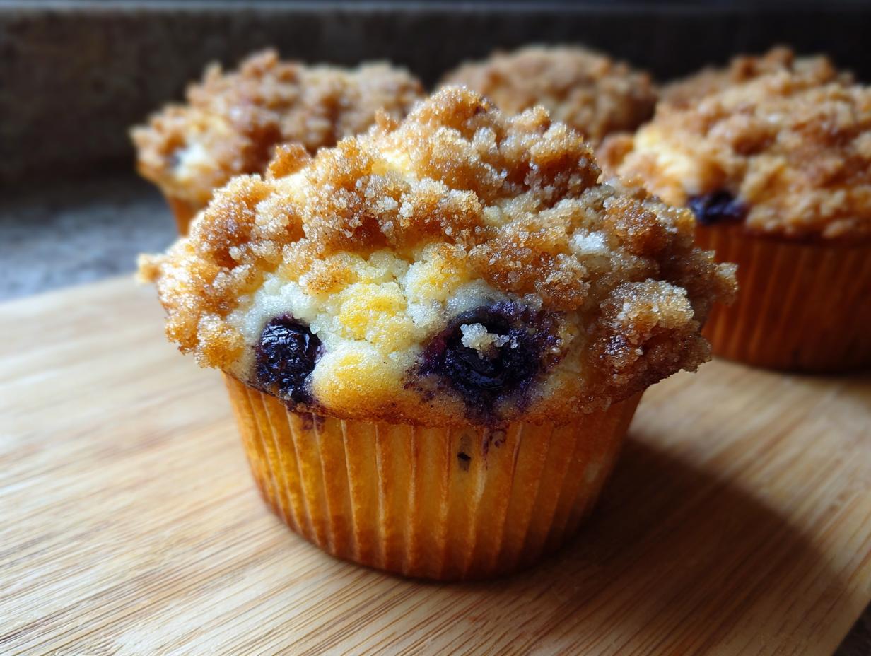 A close-up of a freshly baked blueberry muffin with a thick, sugary crumble topping, showcasing visible blueberries.