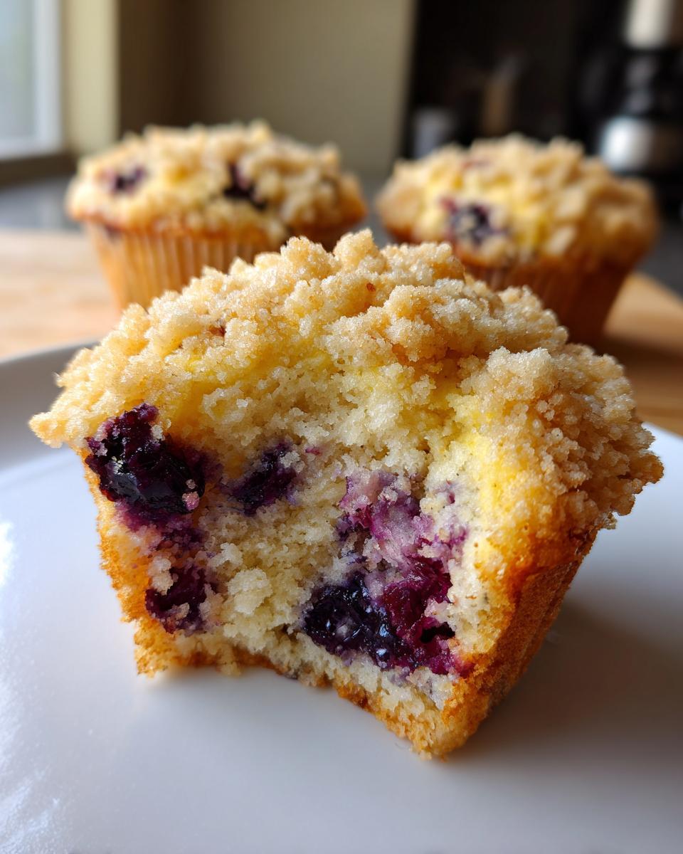 A close-up view of a blueberry muffin with crumble topping, showing the moist interior and burst blueberries.