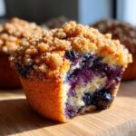 A close-up, cross-section view of a moist blueberry muffin with crumble topping, revealing juicy blueberries inside.