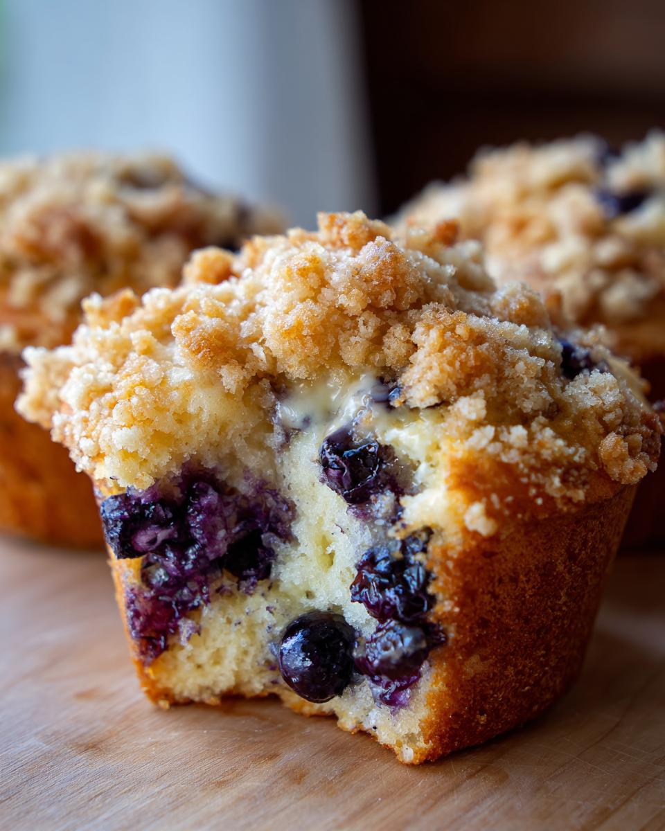 A close-up view of a halved blueberry muffin showing moist interior, juicy blueberries, and a thick crumble topping.
