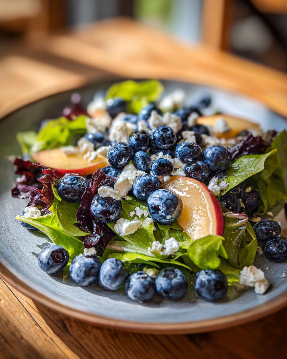 A vibrant close-up of a fresh blueberry peach feta salad featuring mixed greens, fresh blueberries, peach slices, and crumbled feta cheese.