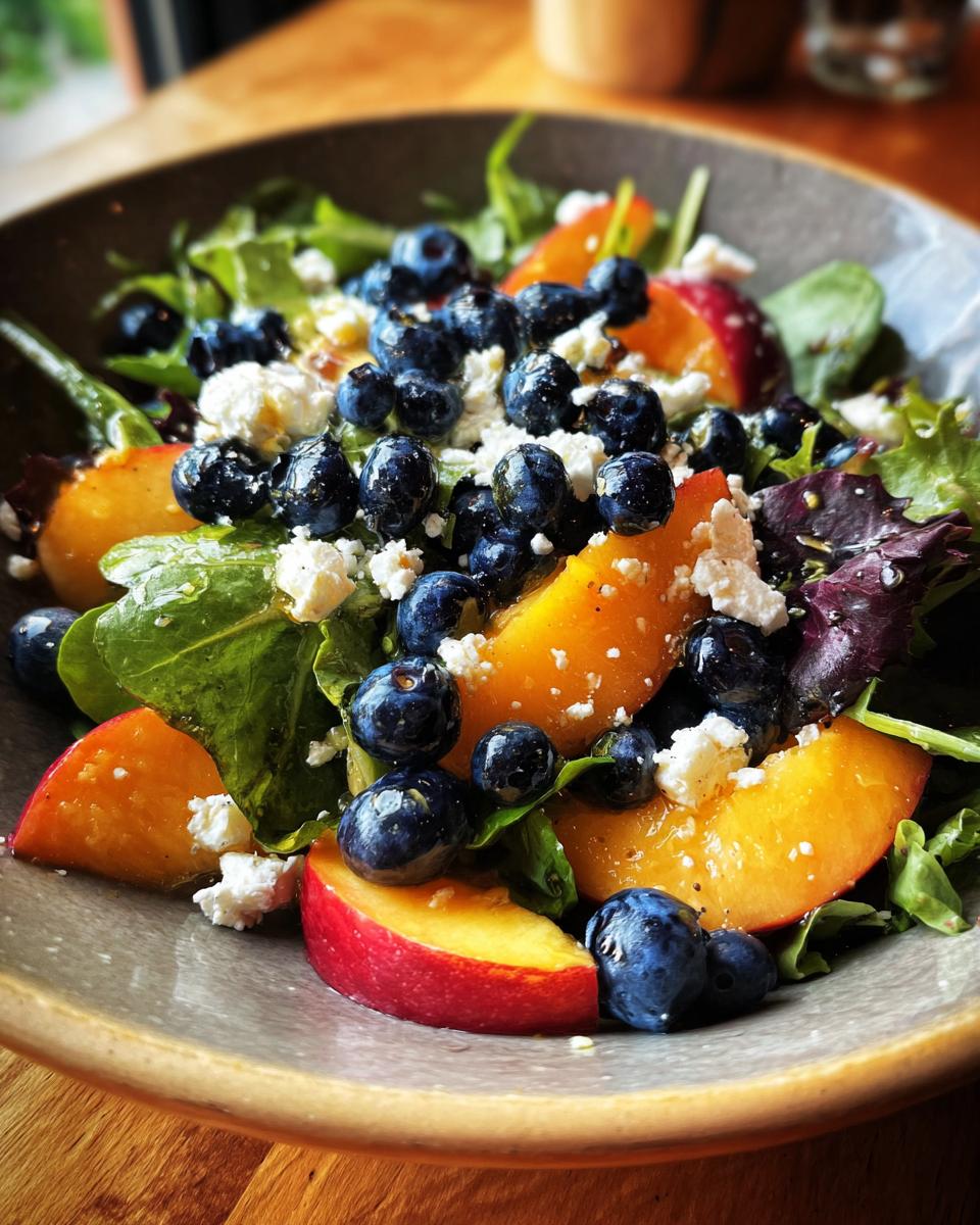 Close-up of a fresh blueberry peach feta salad featuring mixed greens, bright orange peach slices, dark blueberries, and crumbled white feta cheese.