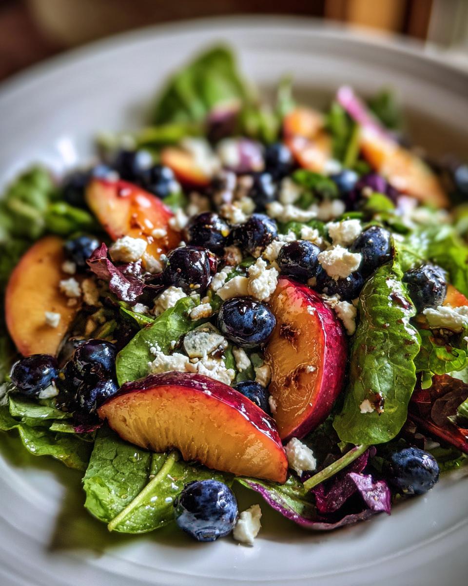 Close-up of a vibrant blueberry peach feta salad featuring fresh greens, sliced peaches, blueberries, and crumbled feta cheese.