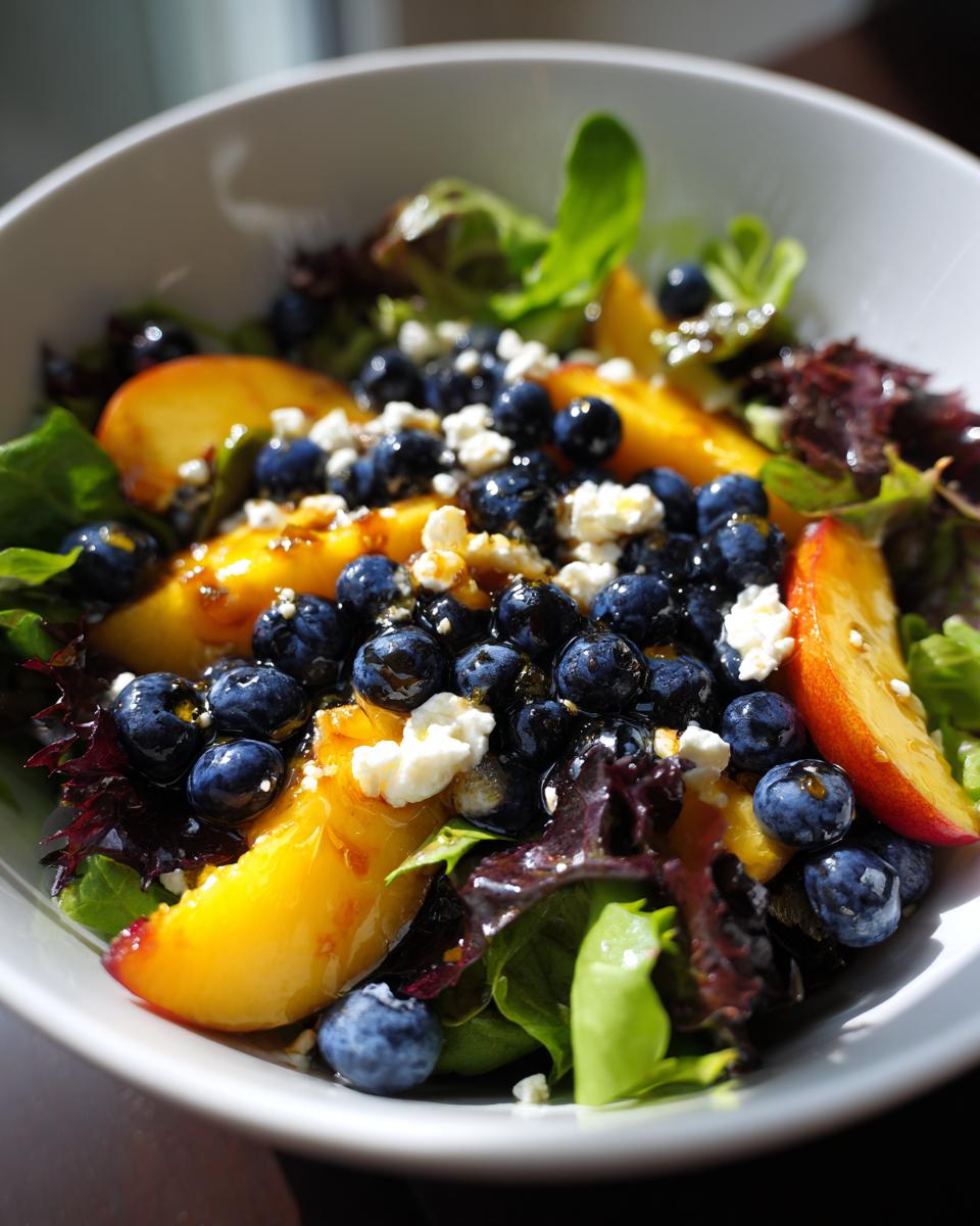 Close-up of a fresh blueberry peach feta salad featuring mixed greens, vibrant blueberries, sliced peaches, and crumbled feta cheese.