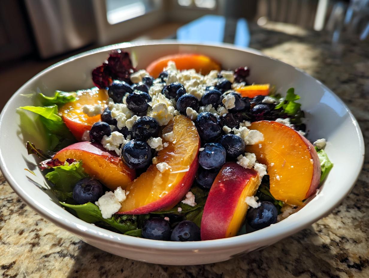 A vibrant close-up of a blueberry peach feta salad featuring fresh greens, sliced peaches, blueberries, and crumbled feta cheese.