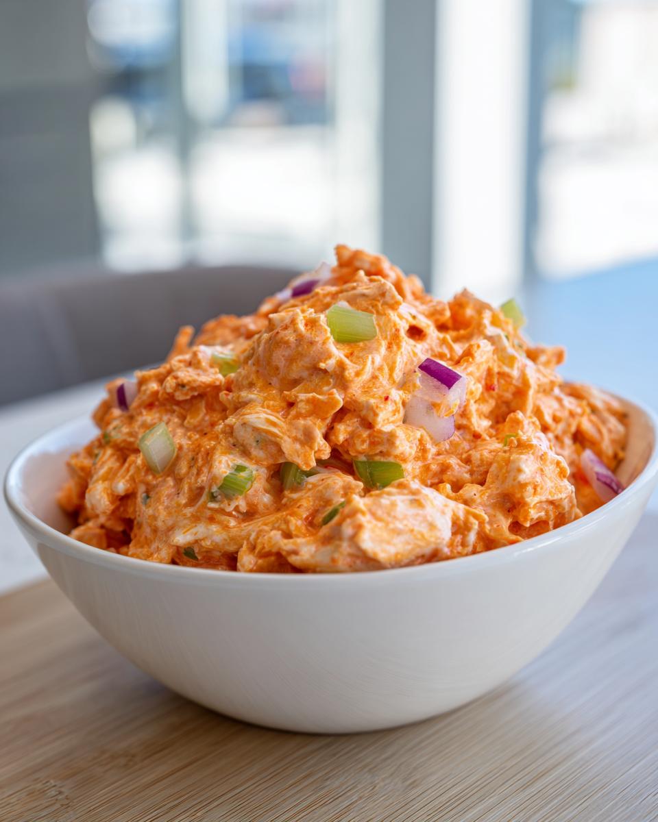 A white bowl filled with creamy, orange-hued healthy buffalo chicken salad topped with diced red onion and celery.
