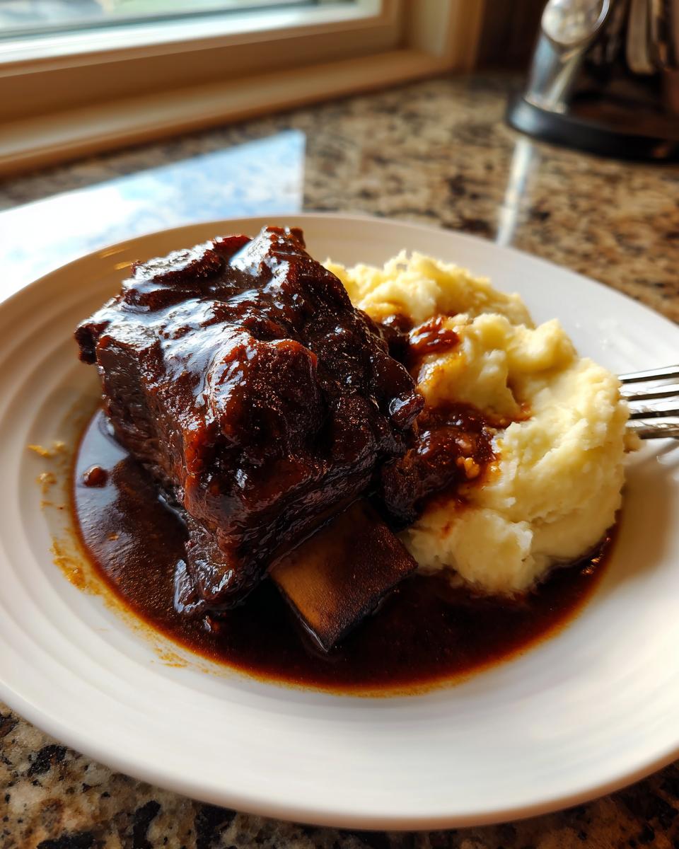 A single, tender braised short ribs serving coated in rich dark sauce next to mashed potatoes on a white plate.