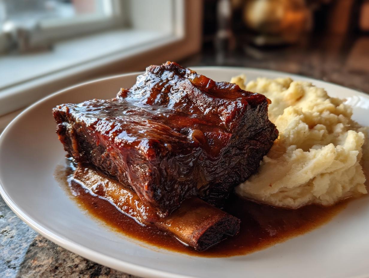A single, tender braised short ribs piece covered in rich, dark glaze served next to creamy mashed potatoes.