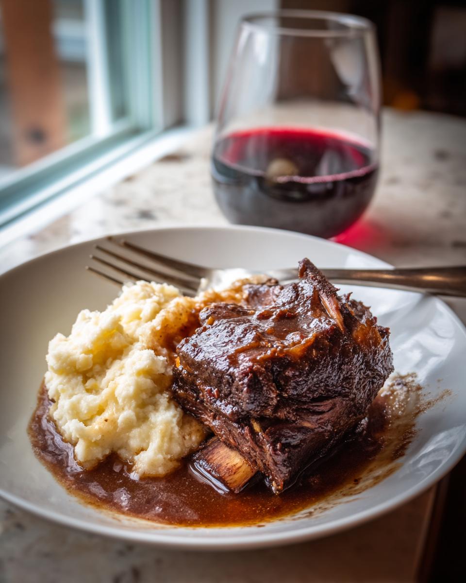 A serving of tender braised short ribs smothered in rich sauce next to mashed potatoes, with red wine in the background.
