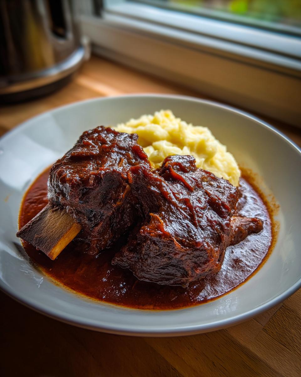 Two tender braised short ribs covered in rich sauce served next to mashed potatoes in a white bowl.