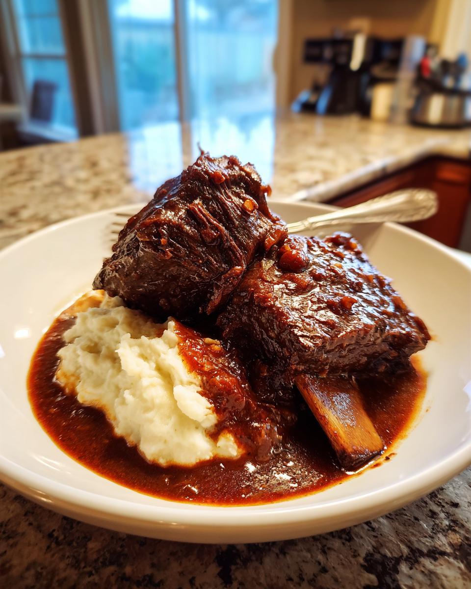 Two tender braised short ribs covered in rich sauce served over creamy mashed potatoes.