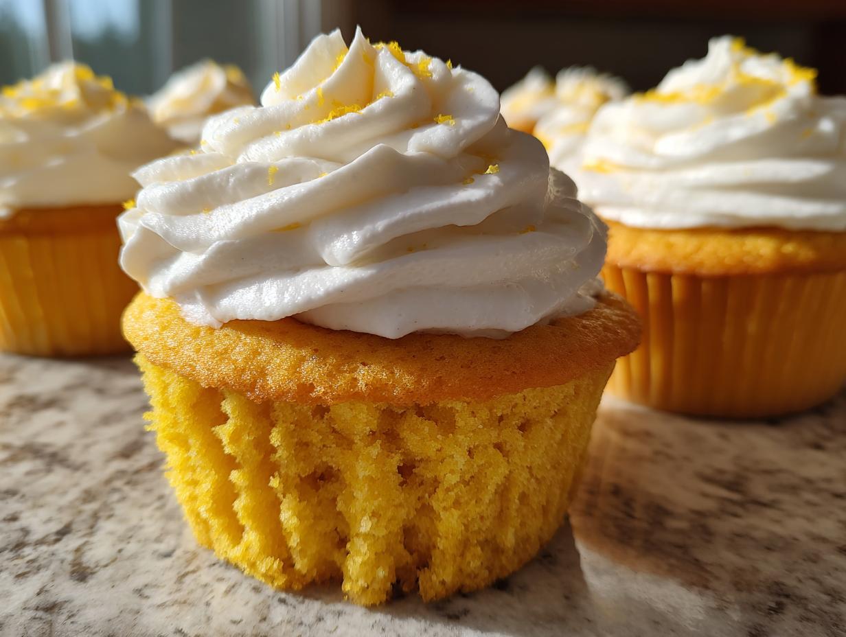 Close-up of a bright yellow lemon cupcake topped with white frosting and lemon zest.